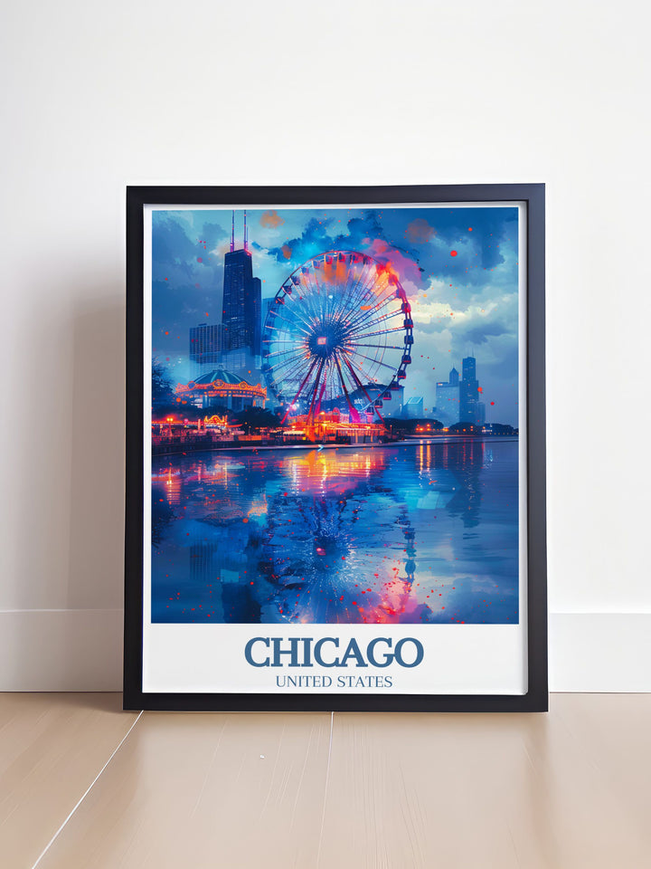 Showcasing the striking design of the Centennial Wheel, this poster adds a unique touch of Chicagos modern attractions to your decor. Experience the vibrant beauty of Navy Pier with this art print, highlighting the citys lively spirit and rich history.