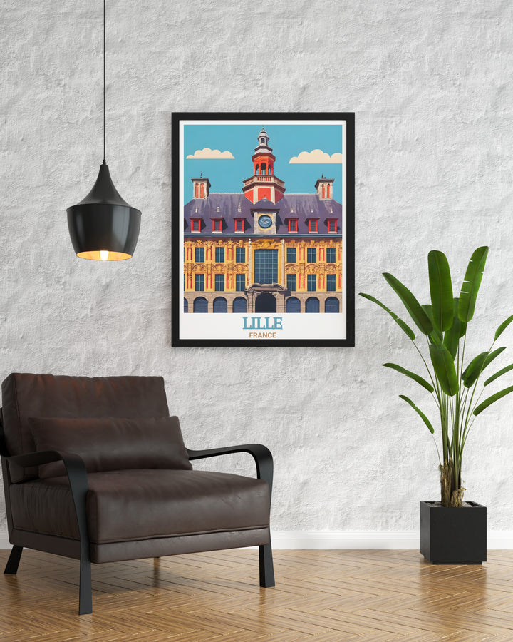 A framed art print of Lille, France, featuring the historic Old Stock Exchange. This vintage inspired poster brings out the beauty of Lilles iconic architecture, making it an ideal gift for lovers of French travel and history.