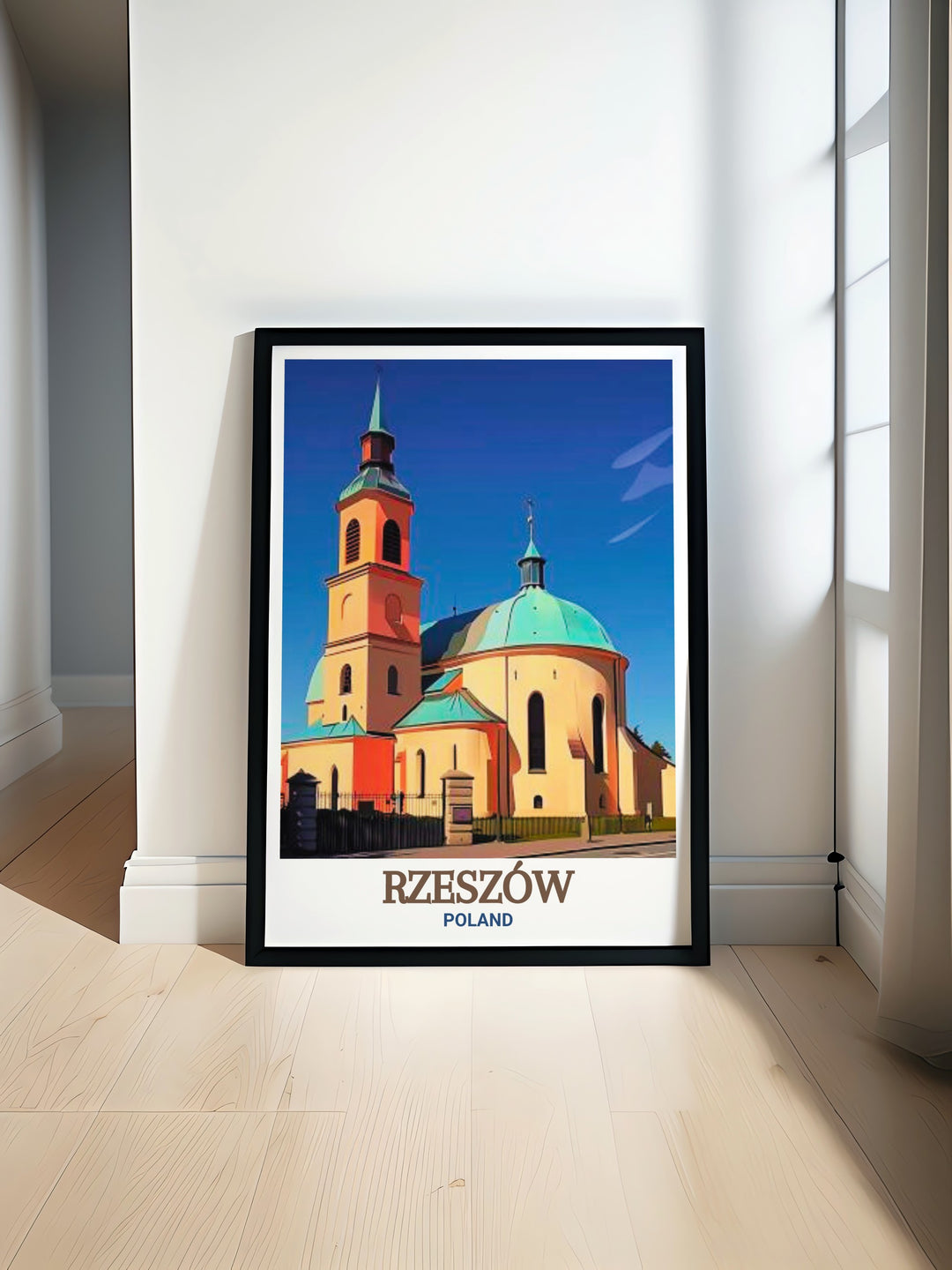 Experience the beauty of Rzeszow with this stunning art print featuring the historic Bernardine Church and Monastery perfect for adding a touch of Polish culture to your home decor or as a thoughtful travel gift.