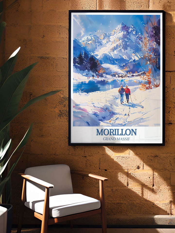 Retro ski poster of Morillon village Le Lac Bleu showcasing the breathtaking scenery of the ski resort an excellent addition to any bucket list prints collection