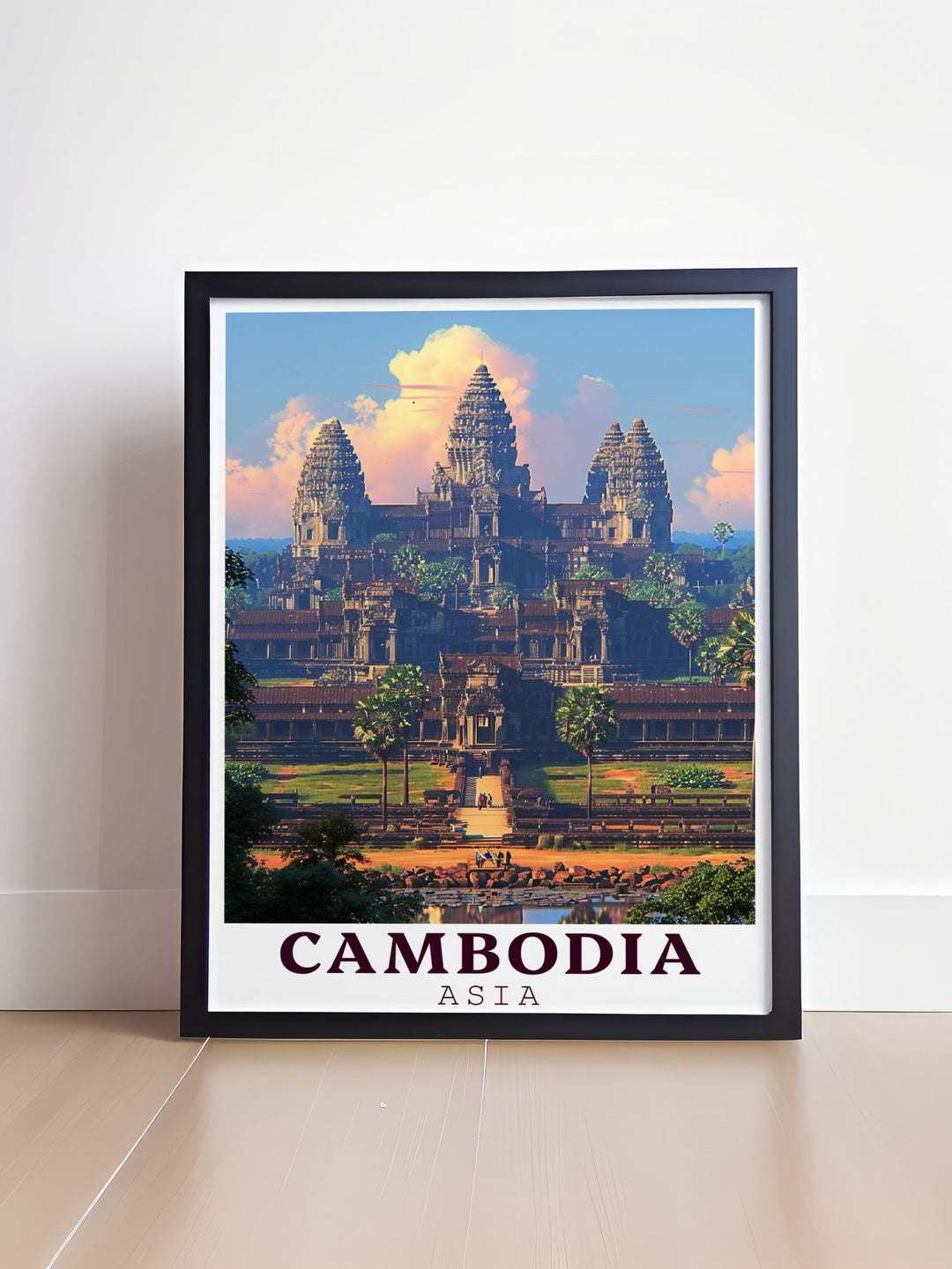 Elegant Angkor Wat artwork in a vintage print style capturing the ancient beauty of Cambodias most iconic landmark ideal for wall art and home decor.