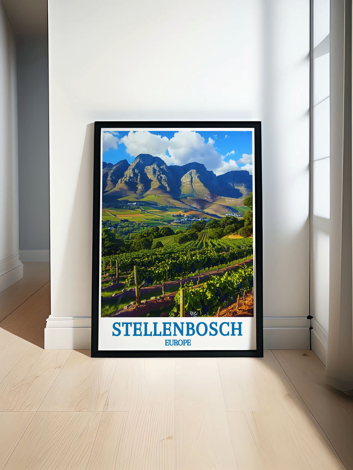 Embrace the historical significance and natural beauty of Stellenbosch with this travel poster, depicting the wine routes stunning scenery and heritage.