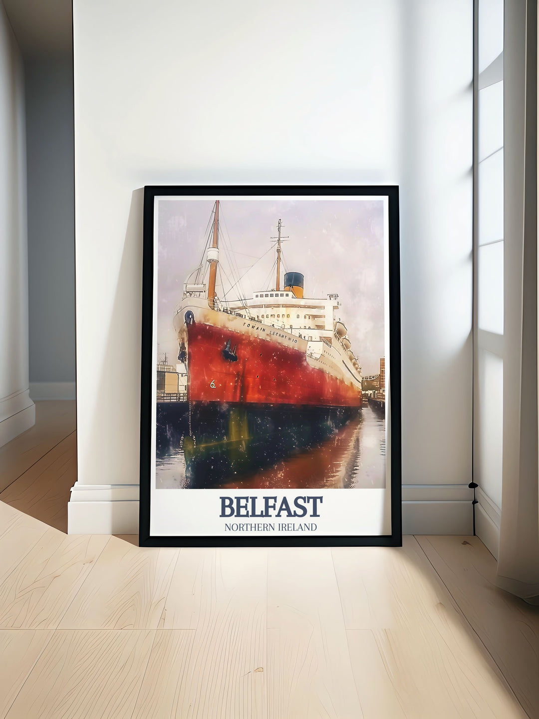 Beautiful Titanic Belfast SS Nomadic travel poster showcasing the historic shipbuilding legacy of Belfast. Perfect Ireland wall art for adding a touch of UK art to your home decor or as a unique Belfast city gift for friends and family.