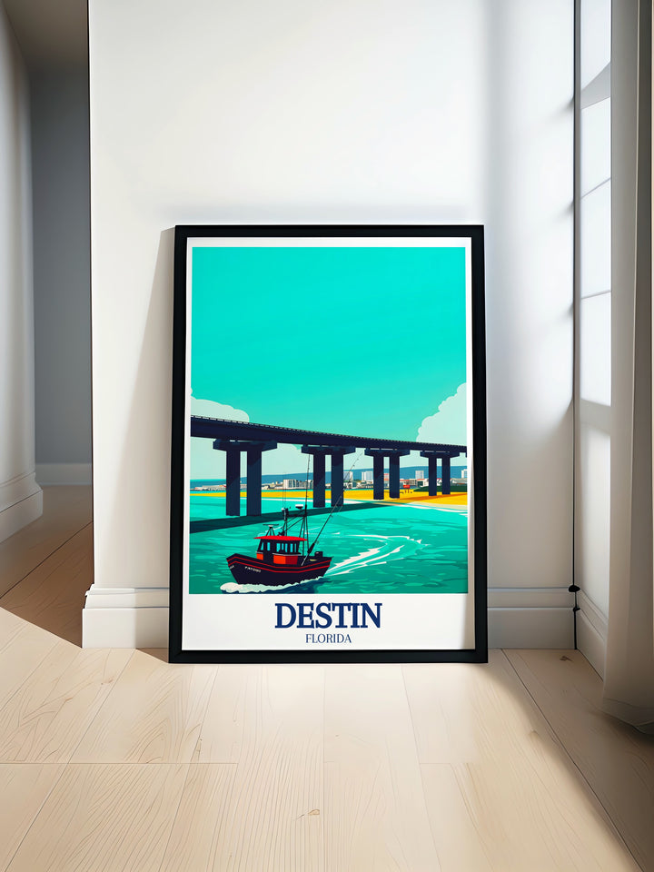 Florida coastal decor print featuring the Destin Harbor, with its serene waters and iconic bridge. This travel poster captures the essence of a perfect beach day, making it a must have for your vacation home or beach themed decor.