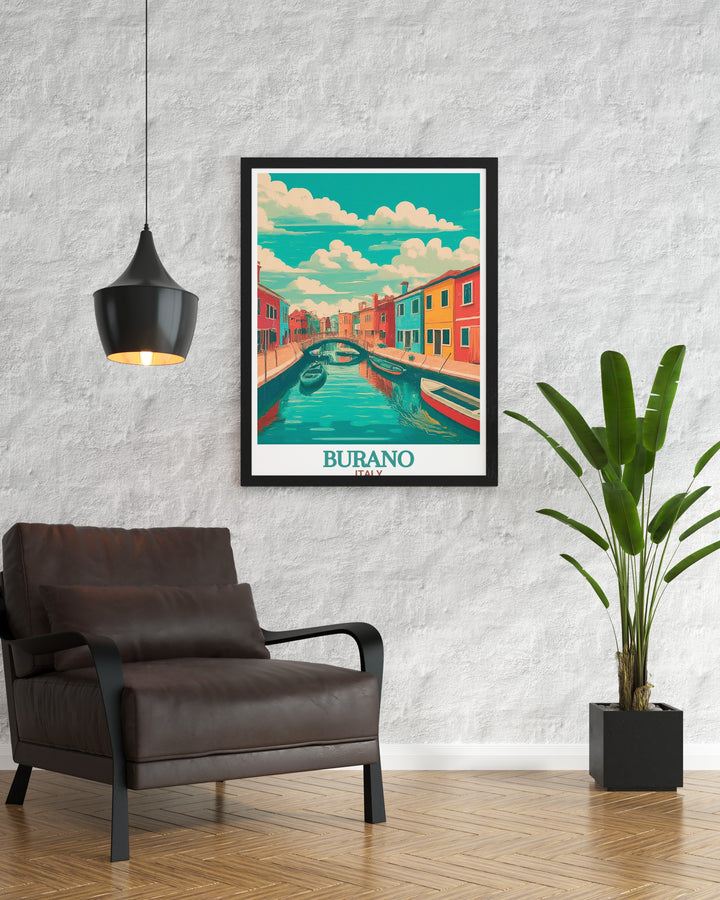 Captivating Burano city print showcasing the stunning Canals and Bridges of Burano. Ideal for travel enthusiasts and art lovers this poster brings the picturesque charm of this Italian island into your living space.