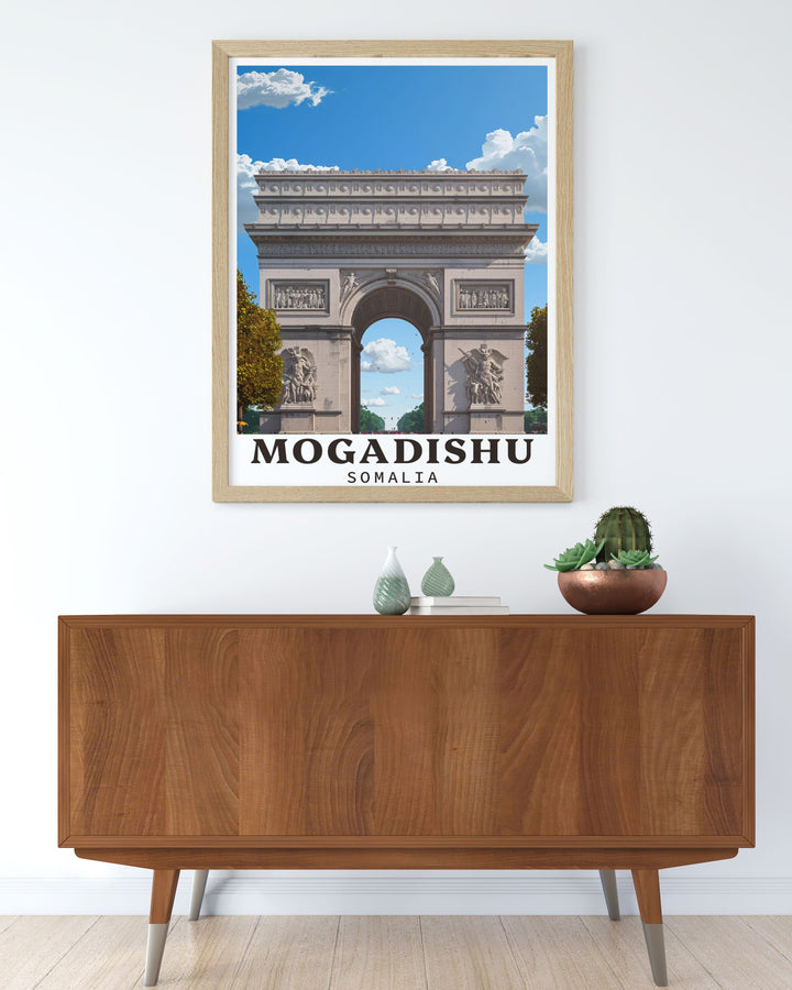 Capture the spirit of Somalia with this Arch of Triumph Travel Poster. Featuring intricate details of one of Mogadishus most famous landmarks, this art print serves as a tribute to African heritage and is perfect for gifts or home décor.