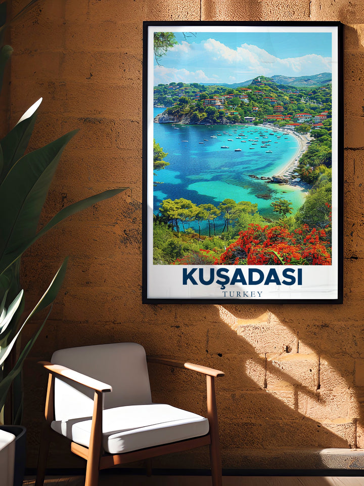 Bring the beauty of Pegion Island into your home with this captivating Turkey travel print. Perfect for modern decor enthusiasts, this Turkey wall art is a must have for those who appreciate the charm of Kuşadası and the Turkish coastline.