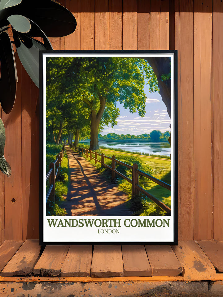 Experience the tranquility of Wandsworth Common with this beautifully framed print. The artwork captures the lush greenery and serene waters of Wandsworth Pond, making it a wonderful piece for any decor style.