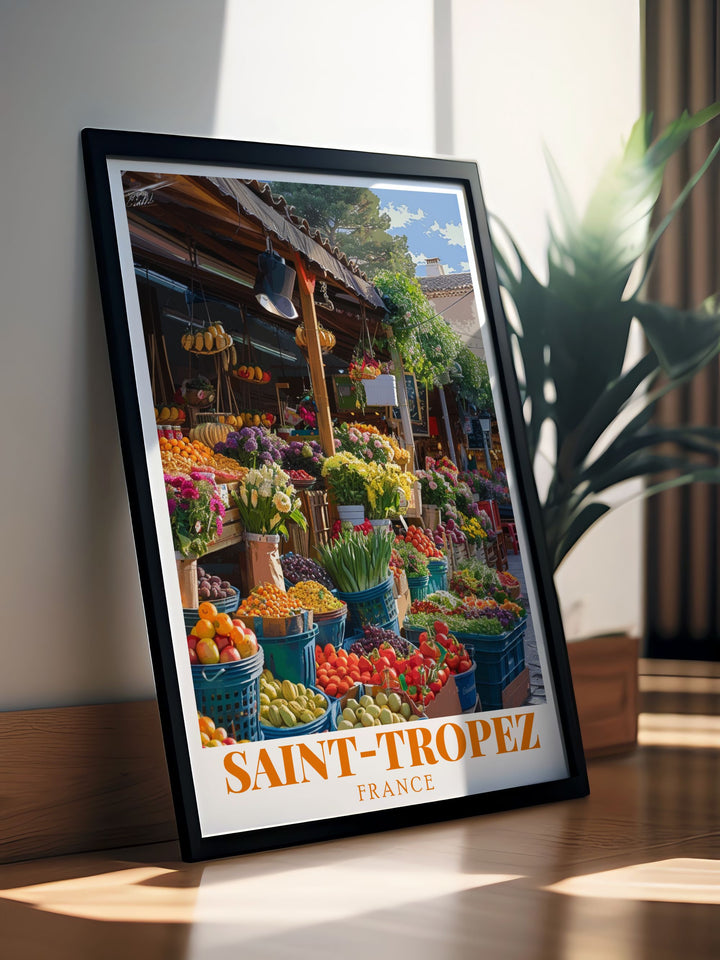 Place des Lices Market modern prints alongside St Tropez travel art create the perfect French Riviera inspired decor for your space. Beautifully designed to capture the lively market atmosphere in St Tropez and enhance any home with classic Mediterranean style.