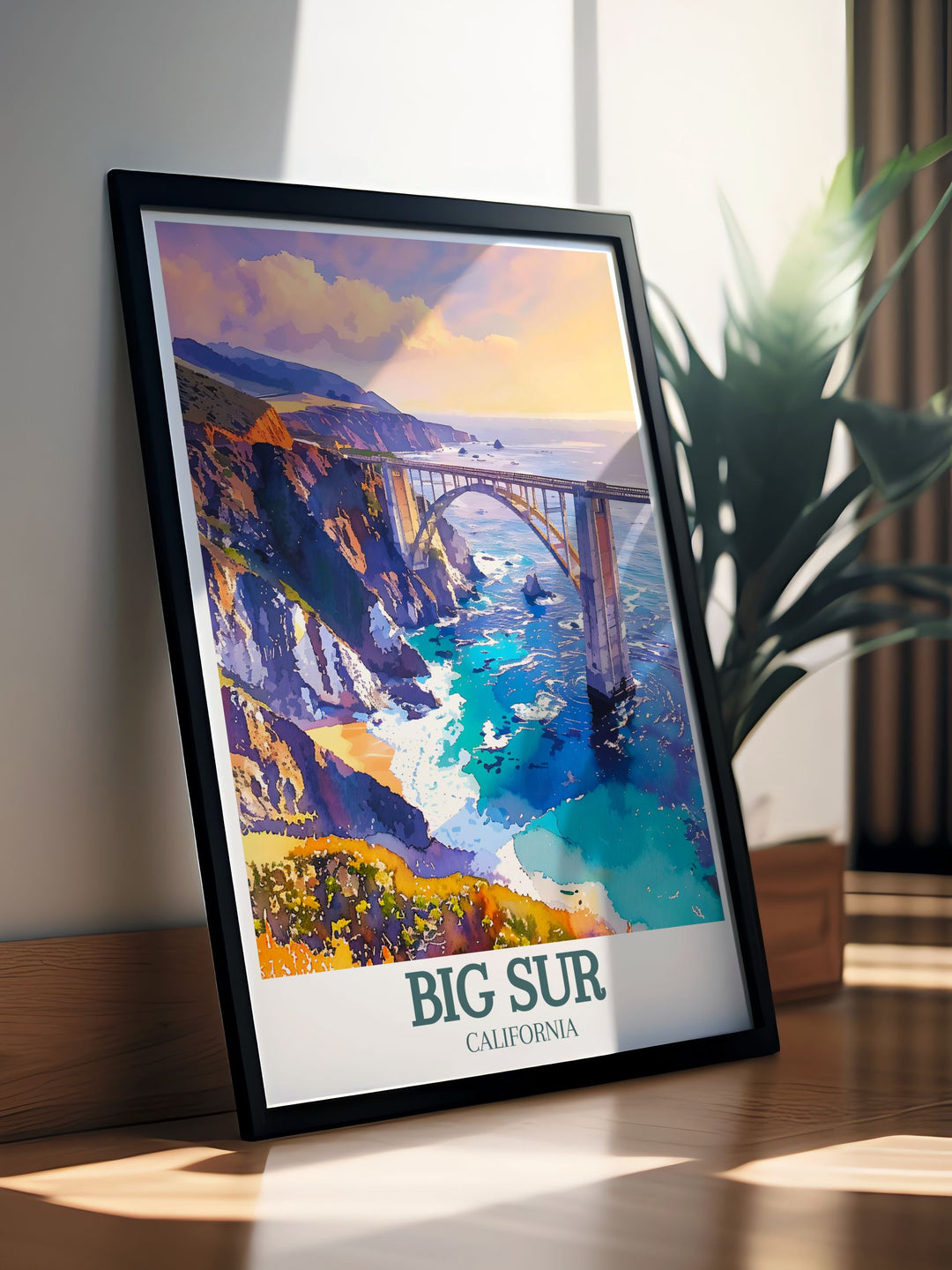 Highlighting the breathtaking views of the Pacific Ocean, this travel poster showcases the scenic beauty of Big Sur and the architectural marvel of Bixby Creek Bridge, ideal for nature enthusiasts and home decor lovers.