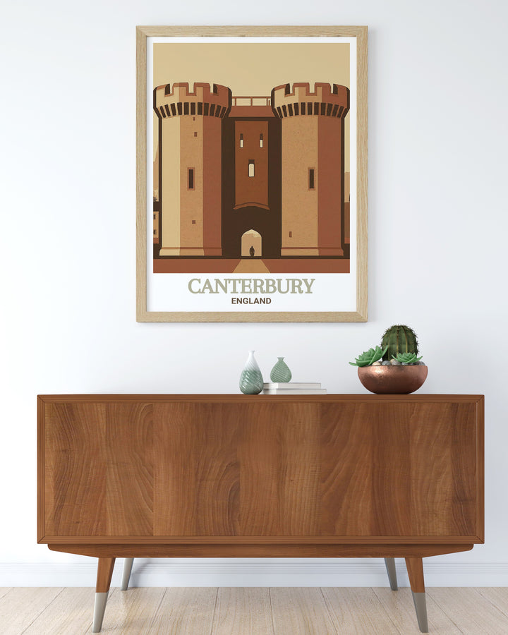 Explore the historical depth of Kent with this art print showcasing Canterbury and its iconic Westgate Towers. Perfect for adding a sense of place and time to your home, this wall art is a timeless piece for history lovers.