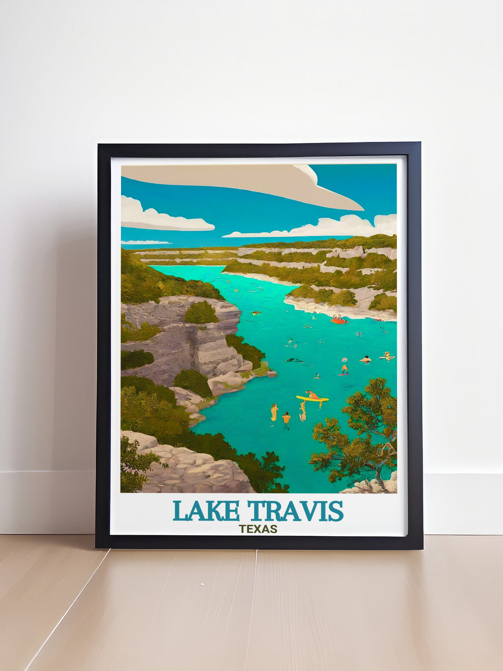 This Lake Travis travel print beautifully captures the serene waters of Texas iconic lake. Ideal for home décor, this artwork brings a peaceful ambiance to any room. A perfect gift for lovers of nature, lakeside retreats, or Texas inspired décor.