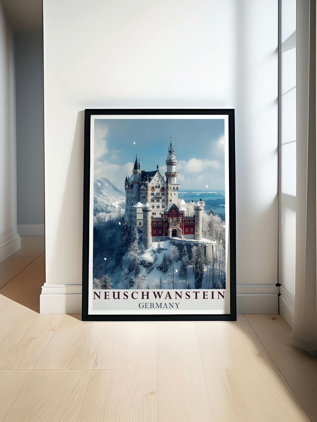 Beautiful Neuschwanstein Castle travel poster capturing the enchanting architecture and timeless beauty of this iconic castle. Ideal for home decor, this fine line print adds elegance to any space.