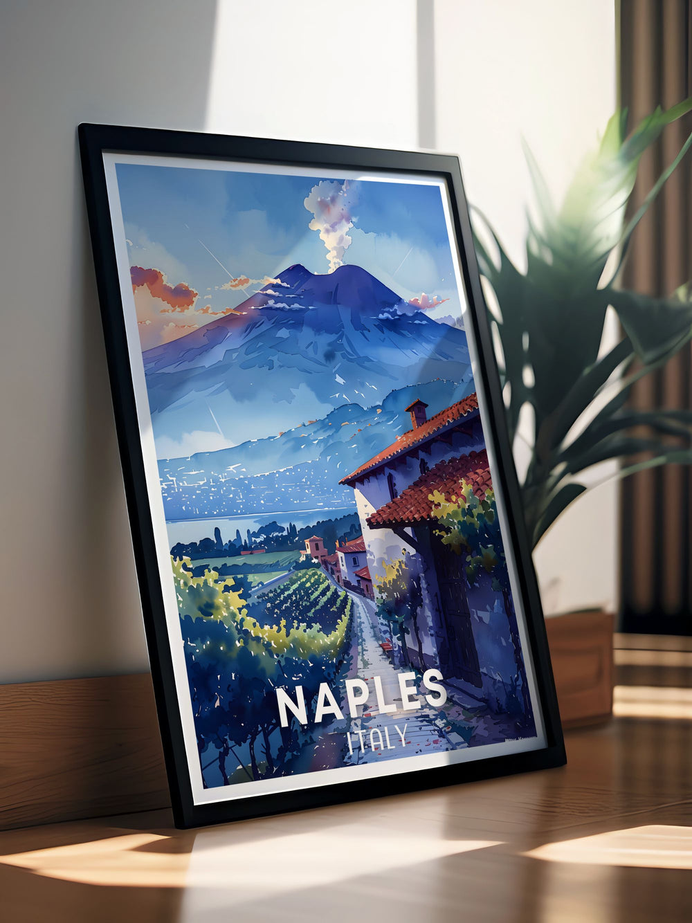 Beautiful NAPLES Poster featuring the iconic skyline of Naples Italy with the majestic Mount Vesuvius. A great addition to your wall art collection. Perfect for anyone who loves Italy and its stunning landscapes.