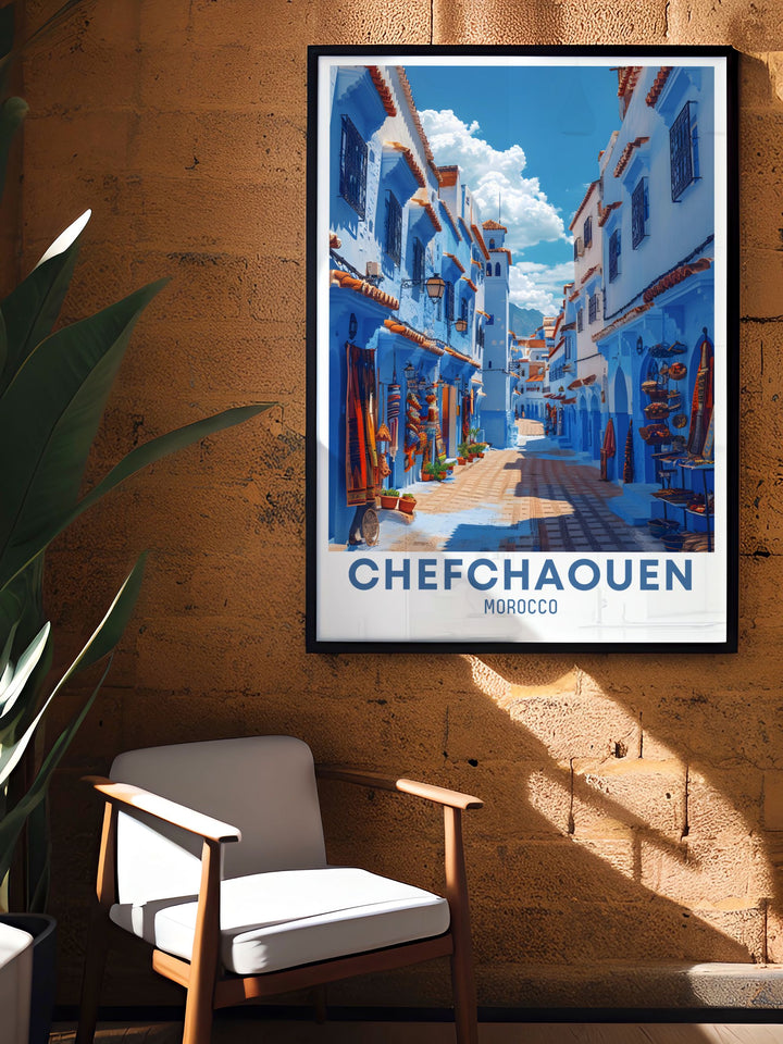 This Chefchaouen travel poster beautifully captures the vibrant blue hues and historical charm of the Blue Medina. Perfect for adding a serene and exotic touch to your decor, this art print reflects the unique architecture and cultural heritage of Moroccos Blue Pearl.