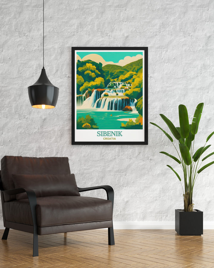 Travel print of Sibenik and Krka National Park in Croatia, combining the majestic waterfalls of Krka with the historic charm of Sibenik. This artwork is a perfect way to bring the essence of Croatias natural and architectural wonders into your home.