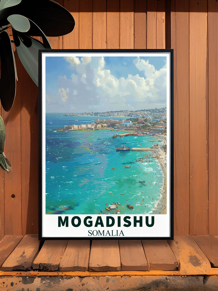 Lido Beach in Mogadishu is beautifully illustrated in this poster, showcasing its historical significance and natural beauty, perfect for art lovers and history enthusiasts.