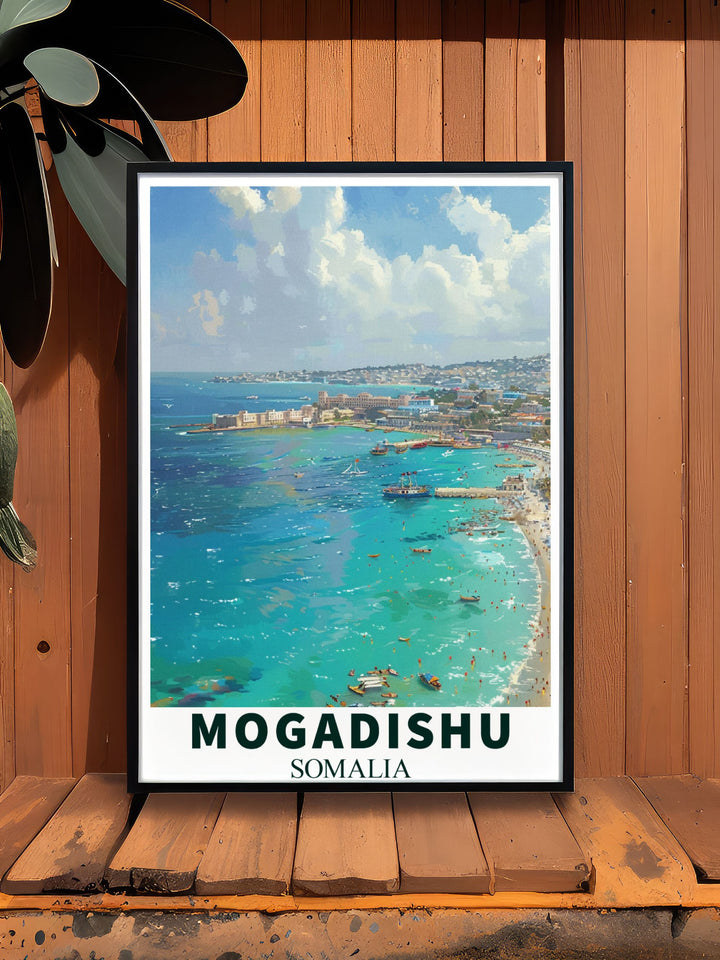 Lido Beach Wall Poster brings the peacefulness of Mogadishus coast into your home. The detailed artwork highlights Somalias natural beauty, making it a must have for those who appreciate African culture and serene coastal settings.