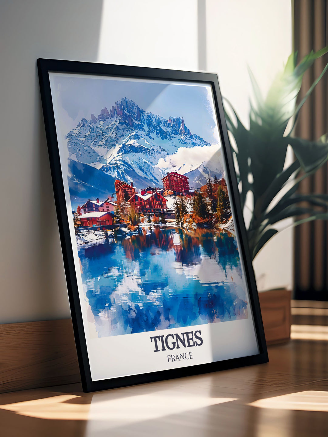 Enhance your living space with Lac de Tignes Le Lac Village Modern Prints capturing the breathtaking scenery and tranquil ambiance of this iconic alpine destination