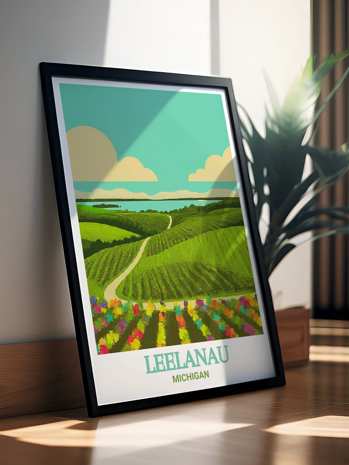 Michigan Travel Poster offering a stunning collage of Leelanaus vibrant vineyards and the serene beauty of the Leelanau Wine Trail, showcasing the breathtaking diversity of Michigans natural wonders. This travel poster inspires adventure and appreciation for Michigans outdoor beauty.