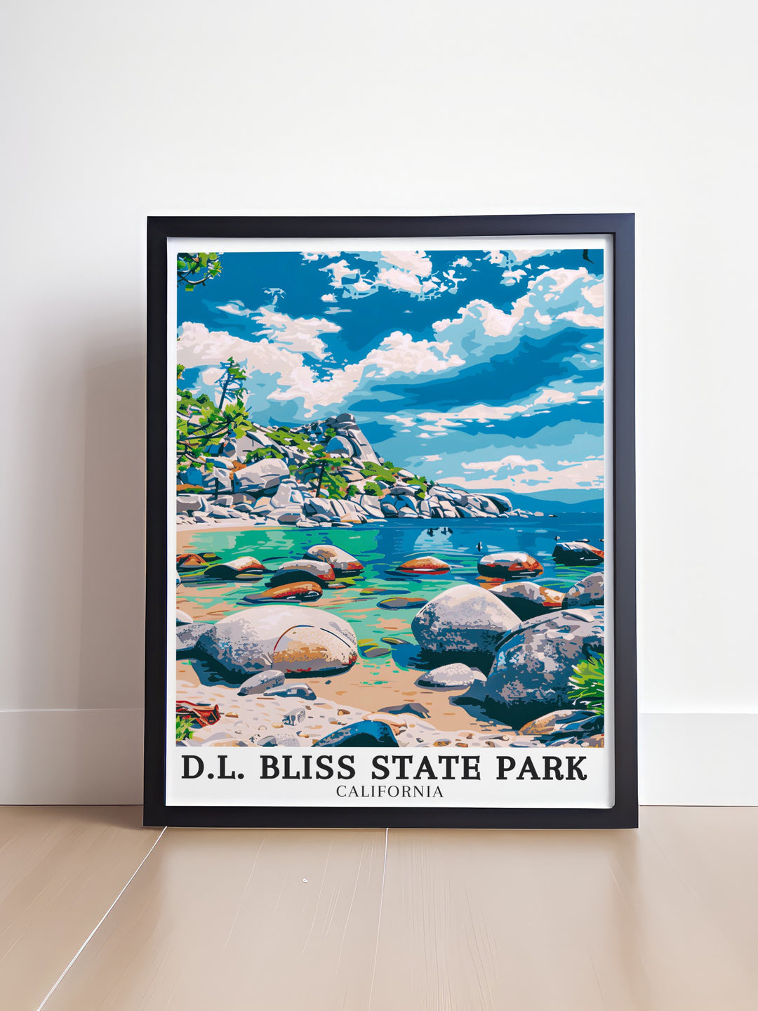 Discover the timeless elegance of Lake Tahoe, Emerald Bay wall art showcasing the serene landscapes of Bliss State Park. These California art prints are perfect for creating a calming atmosphere in your living room or office offering a touch of natures beauty