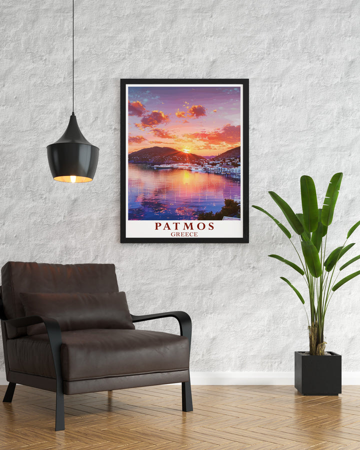 Elegant Patmos wall art and Skala Harbor modern decor perfect for creating a tranquil and stylish atmosphere in your home this artwork captures the beauty of the Patmos islands and Skala Harbor offering a unique and captivating piece for any art collection