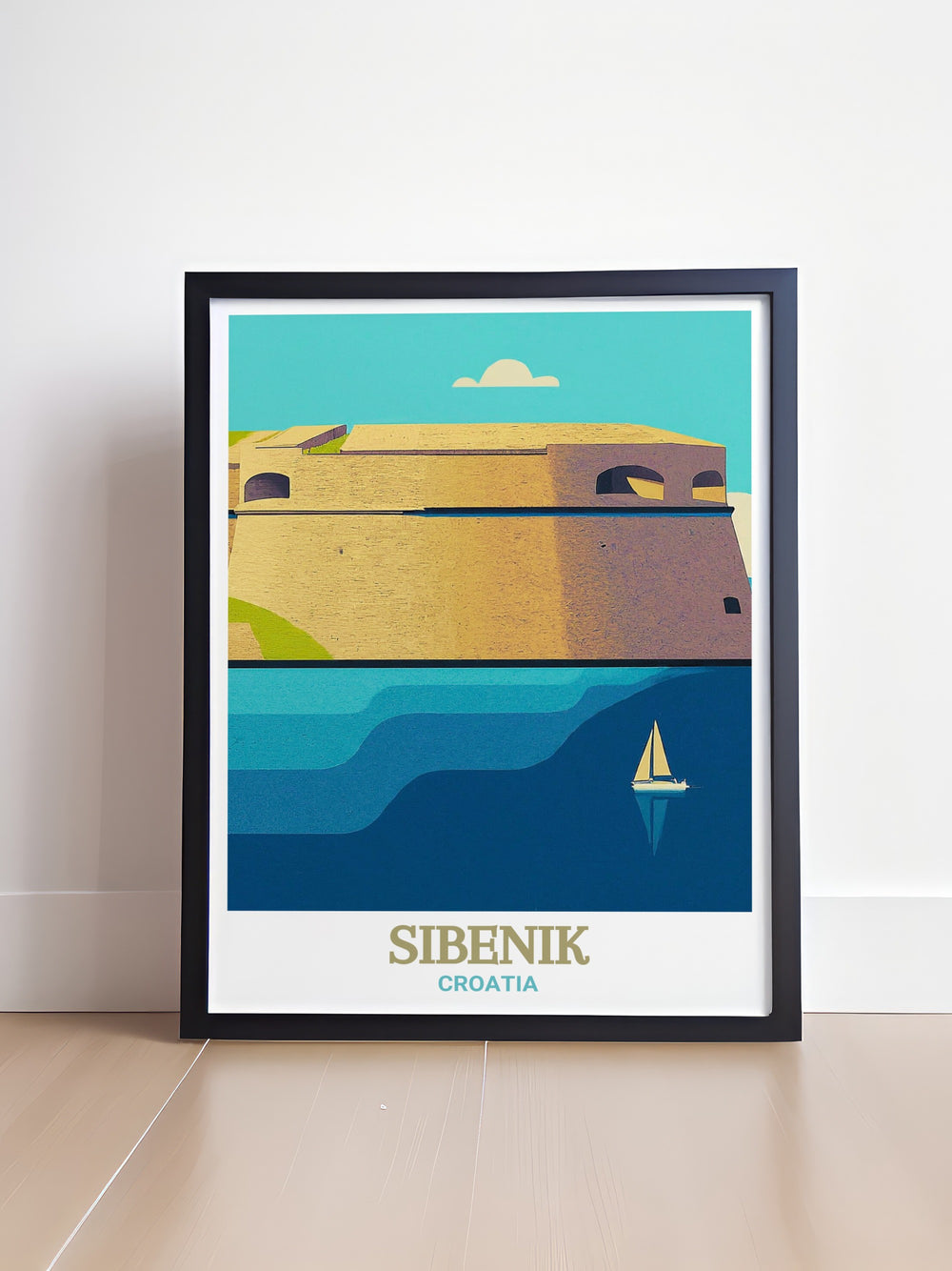 Framed art of St. Nicholas Fortress in Sibenik, Croatia, illustrating the fortresss strategic location and its role in the towns defense during the Venetian period. This artwork is ideal for anyone interested in the history and architecture of Croatia, offering a beautiful addition to any art collection.