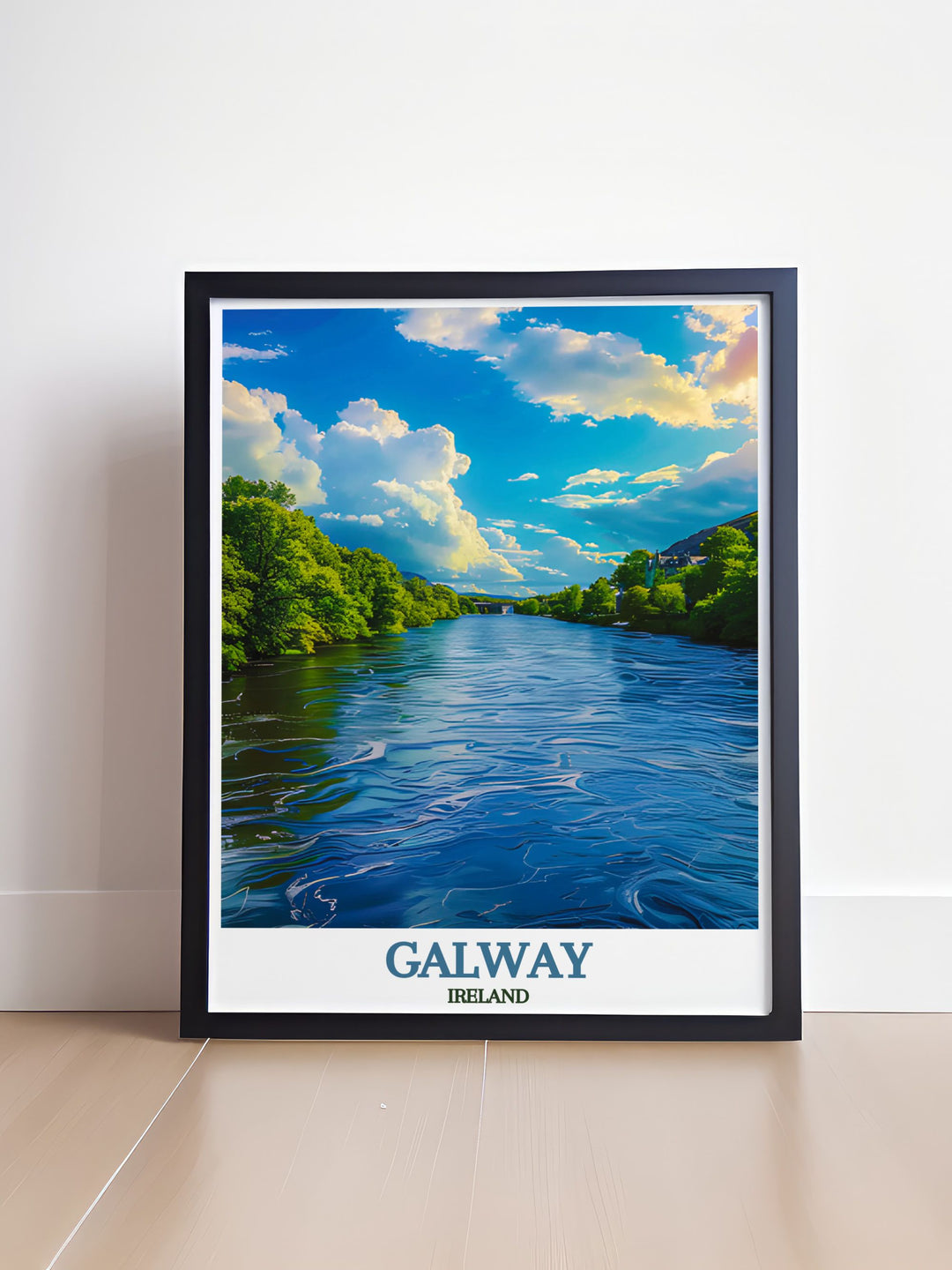 Highlighting the serene waters and picturesque scenery of the River Corrib, this travel poster showcases the natural beauty of Irelands west coast. The scene includes lush greenery and charming bridges, ideal for those who appreciate tranquil landscapes.