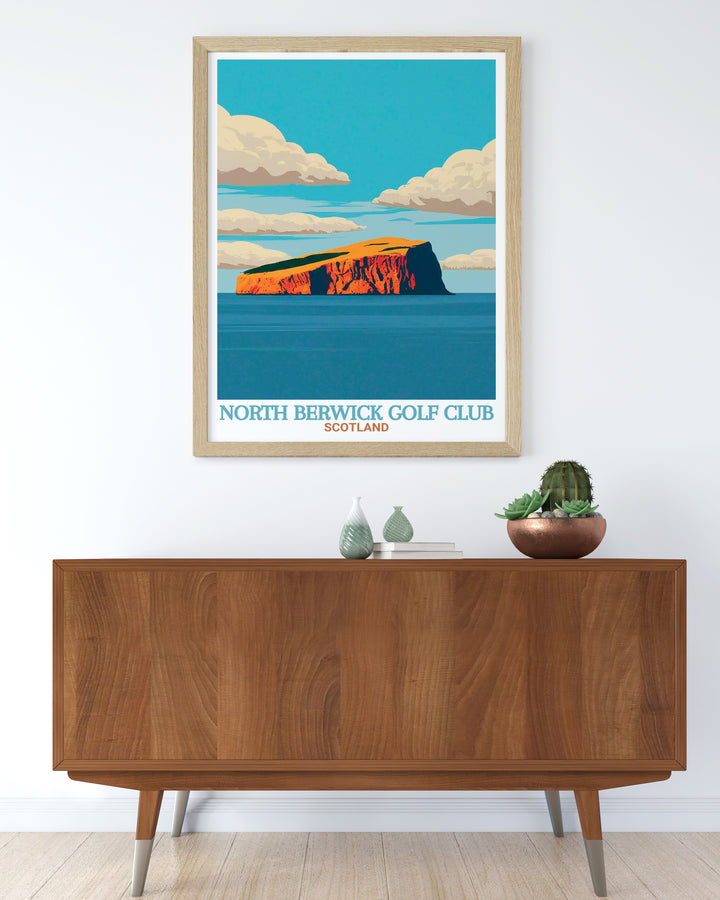 Bass Rock Travel Print capturing the iconic volcanic rock off the coast of North Berwick, Scotland. This detailed artwork brings the stunning views of Bass Rock, home to one of the largest gannet colonies in the world, into your home decor, ideal for those who love Scottish landscapes.