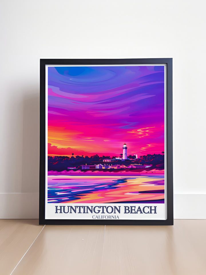 A vibrant Huntington Beach Poster Print depicting the stunning Huntington State Beach and the Huntington Beach Lighthouse. This California travel art piece combines minimalism and elegance, making it a standout addition to any room.