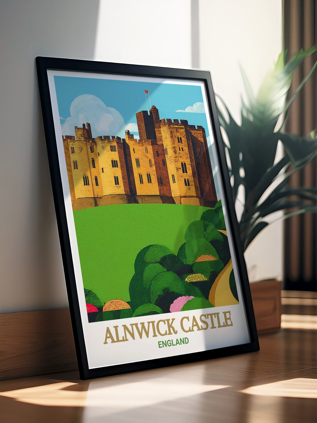 Alnwick Castle Art Print capturing the historic beauty of this iconic English fortress. The detailed illustration showcases the grandeur of Alnwick Castle in Northumberland, with its ancient architecture and surrounding lush landscapes. Perfect for adding a touch of English heritage to your home decor