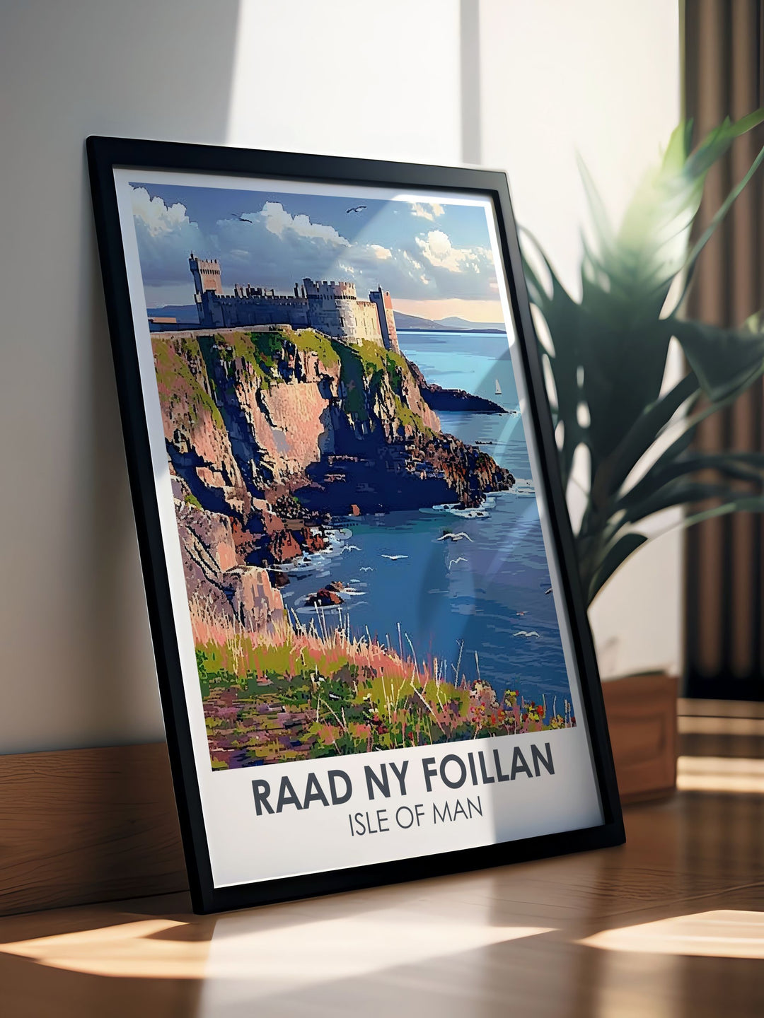 Isle of Man Poster with Peel Castle Modern Art highlighting the stunning landscape of Raad Ny Foillan Hike and coastal paths ideal for adding a touch of history and elegance to your home decor