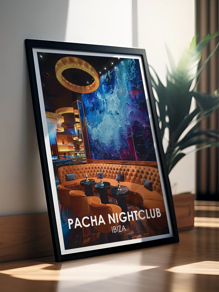 Stunning Ibiza travel prints featuring Vip Experience and Lounge scenes from iconic nightclubs like Pacha Ibiza and Privilege creating a vibrant and luxurious atmosphere