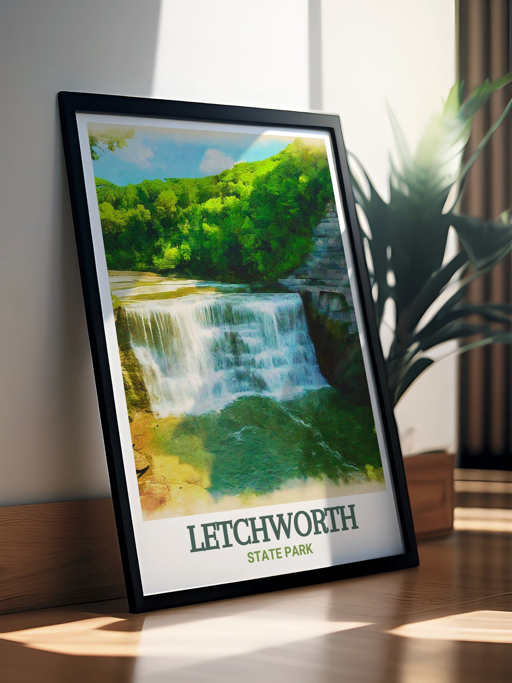 Captivating Lower Falls wall decor featuring the powerful cascade and vibrant greenery of Letchworth State Park. The vibrant colors and intricate details of this print celebrate the beauty and power of Lower Falls, making it a meaningful addition to any living space.