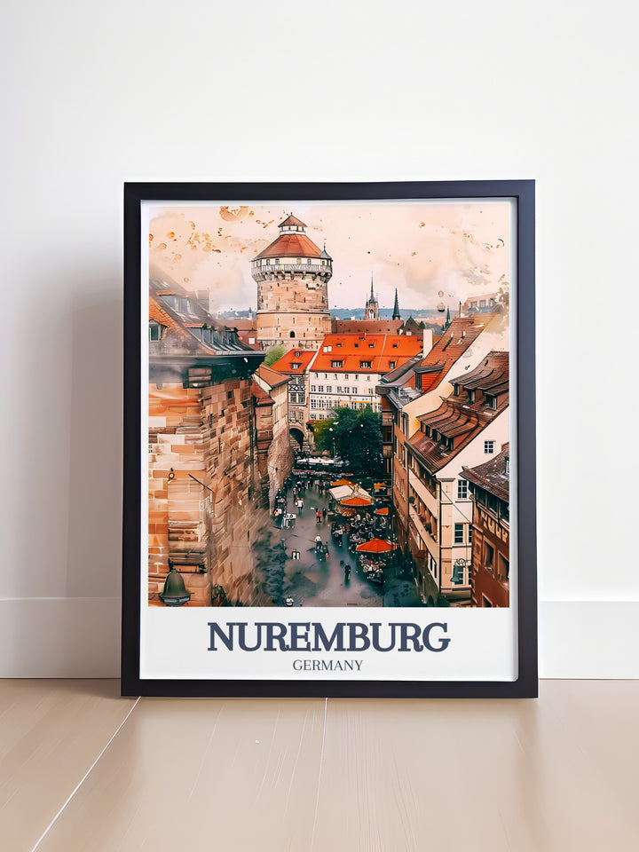 Nuremberg Castle travel print highlighting the grandeur of one of Bavarias most important medieval landmarks. This poster brings out the intricate details of the castles design, offering a timeless piece of art for history lovers and travelers alike. Available in various formats, including framed and digital options.