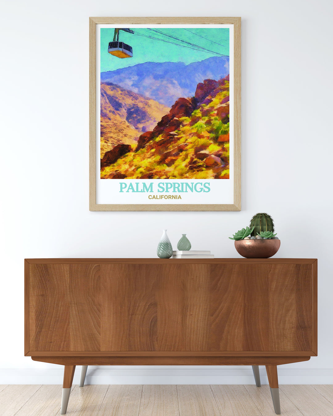 Yellow Hotel decor print highlighting the bold colors and mid century modern design of Palm Springs. This illustration captures the essence of the Yellow Hotel and Palm Springs Aerial Tramway, making it a wonderful addition to any art collection or home decor.