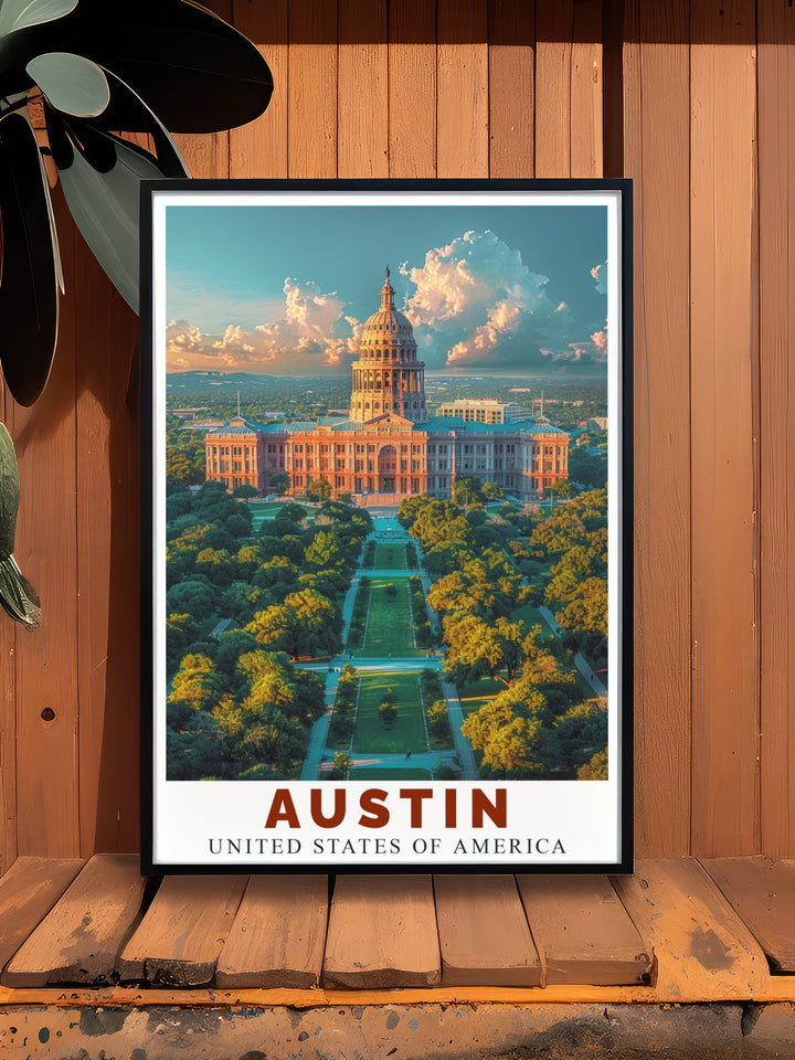 Vibrant Music Arts Festival prints including Bonnaroo and Texas State Capitol bringing festival energy and Texan pride into your home or office decor