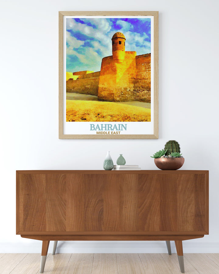 Beautiful Bahrain Poster showcasing Bahrain Fort with exquisite detail ideal for wall hanging or as a gift that celebrates the cultural richness and architectural marvels of Bahrain.