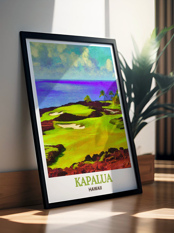 Modern prints of Kapalua golf course and The Bay Course capture the serene landscape of Hawaii this artwork is perfect for adding elegance to your living room decor offering a timeless design that resonates with the beauty of the islands ideal for art lovers and gift givers