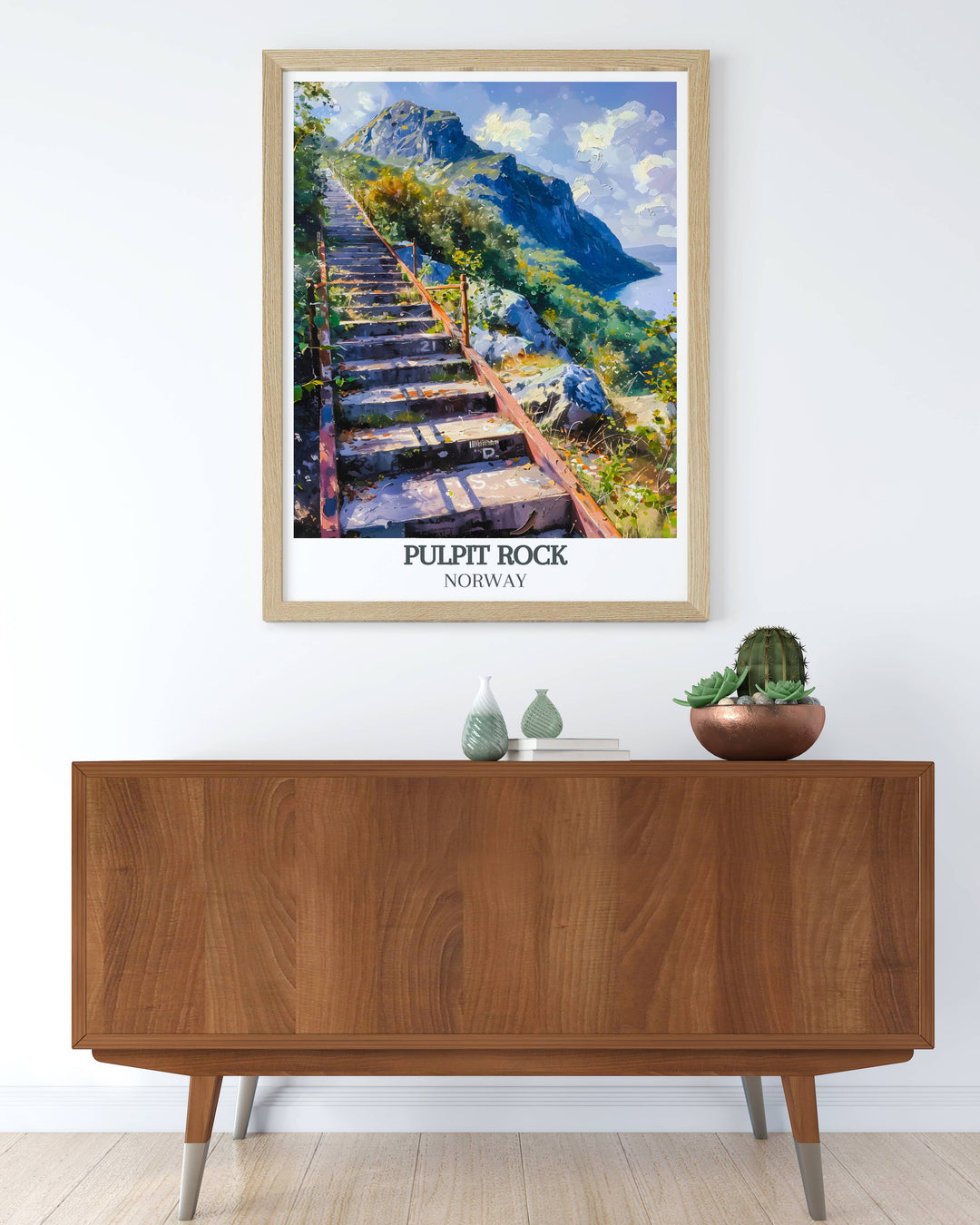 Framed print of Pulpit Rock Norway and Florlitrappene modern art adding a scenic touch to your space with stunning Norwegian landscapes and elegant decor