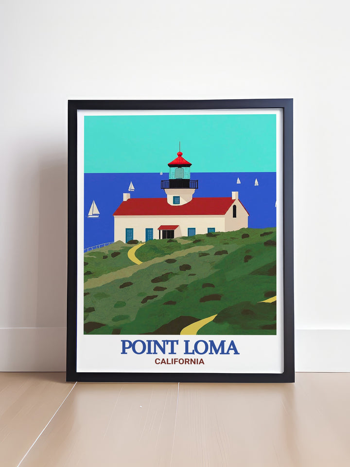 Enhance your living space with the beauty of Old Point Loma Lighthouse framed prints showcasing the iconic lighthouse set against the stunning backdrop of San Diegos coastline a perfect piece of wall art for anyone who appreciates the blend of history and natural beauty