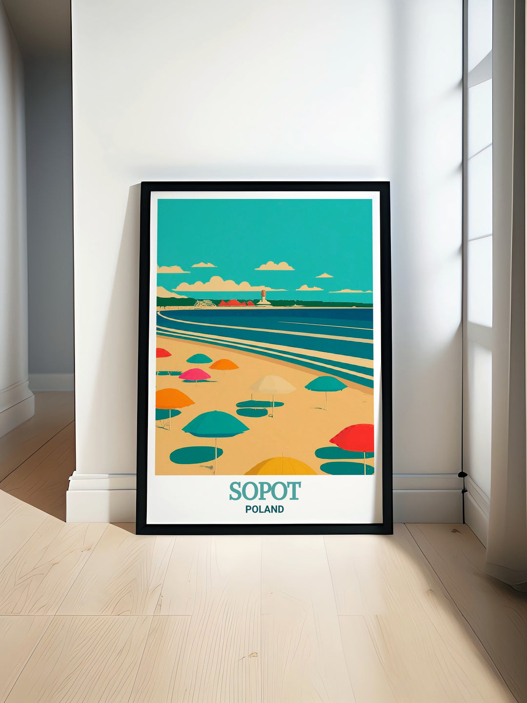 This detailed poster of Sopot Beach captures the tranquil atmosphere of the Baltic coast, with its historic pier and vibrant seaside, making it an ideal addition to any wall.