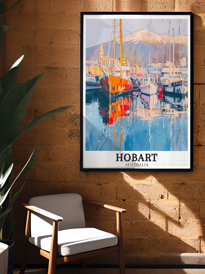 Beautiful Australia wall print depicting the panoramic landscape of Mount Wellington and the historic charm of Hobart Port. The detailed artwork offers a glimpse into Hobarts natural and cultural treasures, perfect for enhancing any rooms decor