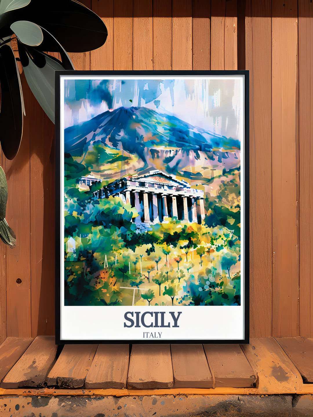 This Sicily travel print showcases the breathtaking Valley of the Temples with Mount Etna in the background. The detailed design and colorful depiction bring a piece of Italian history and landscape into your home, perfect for those who appreciate cultural art.