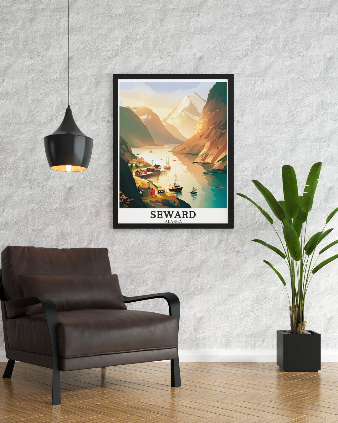 Detailed Resurrection Bay print illustrating the deep blue waters and the towering Mount Marathon. The artwork celebrates the majestic beauty and adventurous spirit of Seward, making it a perfect addition to any Alaska inspired collection