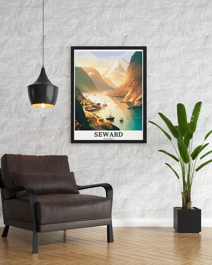 Detailed Resurrection Bay print illustrating the deep blue waters and the towering Mount Marathon. The artwork celebrates the majestic beauty and adventurous spirit of Seward, making it a perfect addition to any Alaska inspired collection