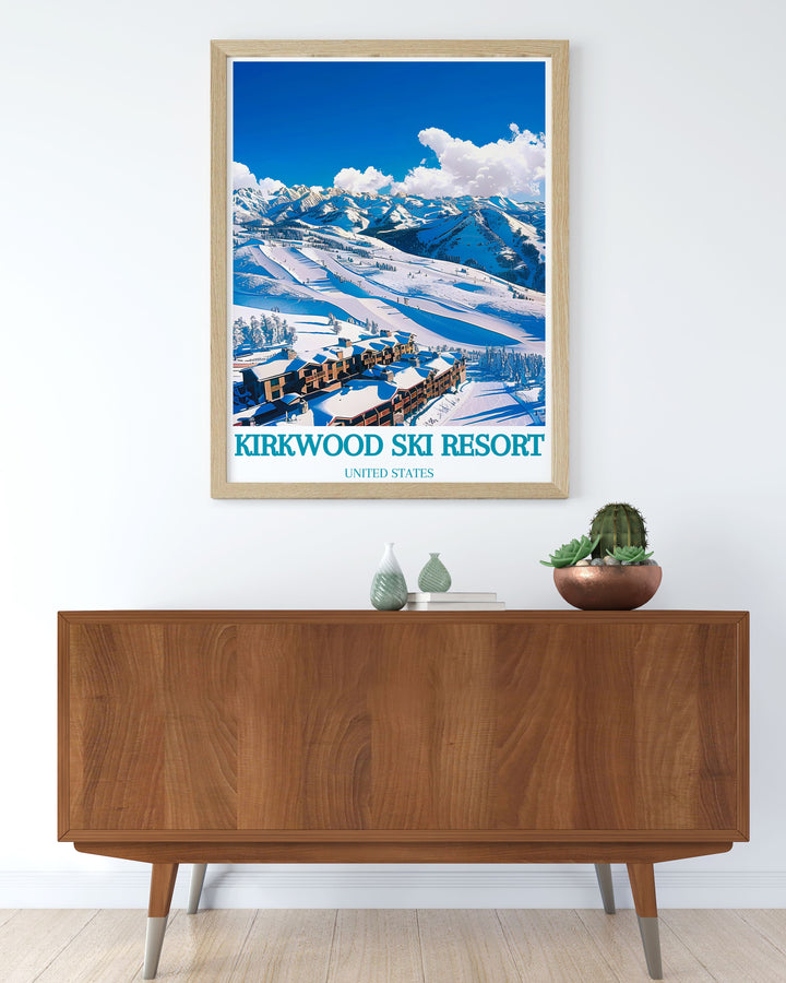 Beautiful scenic poster of Kirkwood Mountain Resort with its stunning snow covered mountains and serene winter landscape. The poster enhances your room with the resorts breathtaking winter beauty and tranquil ambiance.