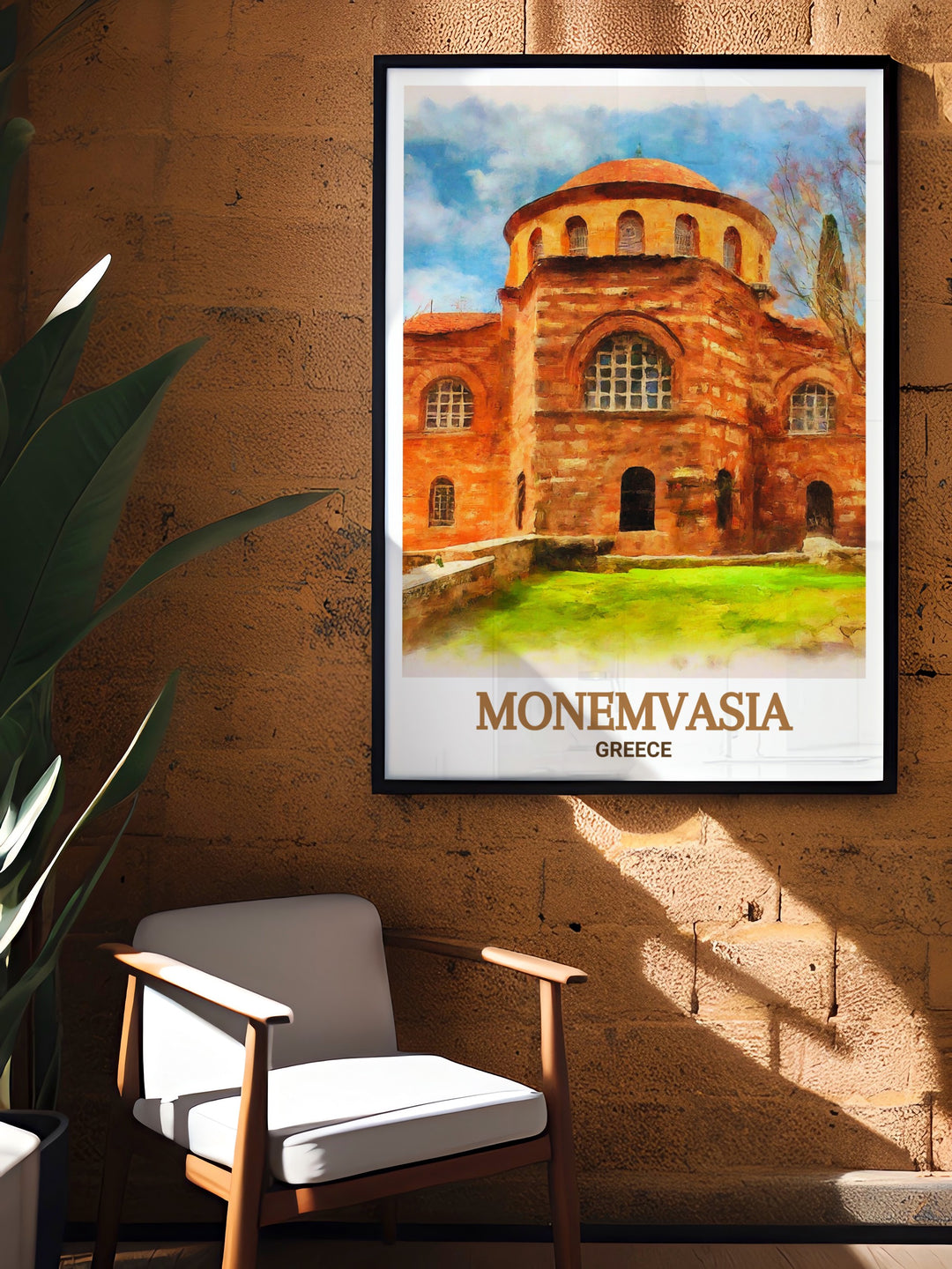 Monemvasia Travel Poster showcasing the iconic rock fortress of Monemvasia, with its narrow streets and stunning sea views, capturing the essence of Greeces historic towns. This poster is a must have for anyone who loves exploring unique and ancient destinations.