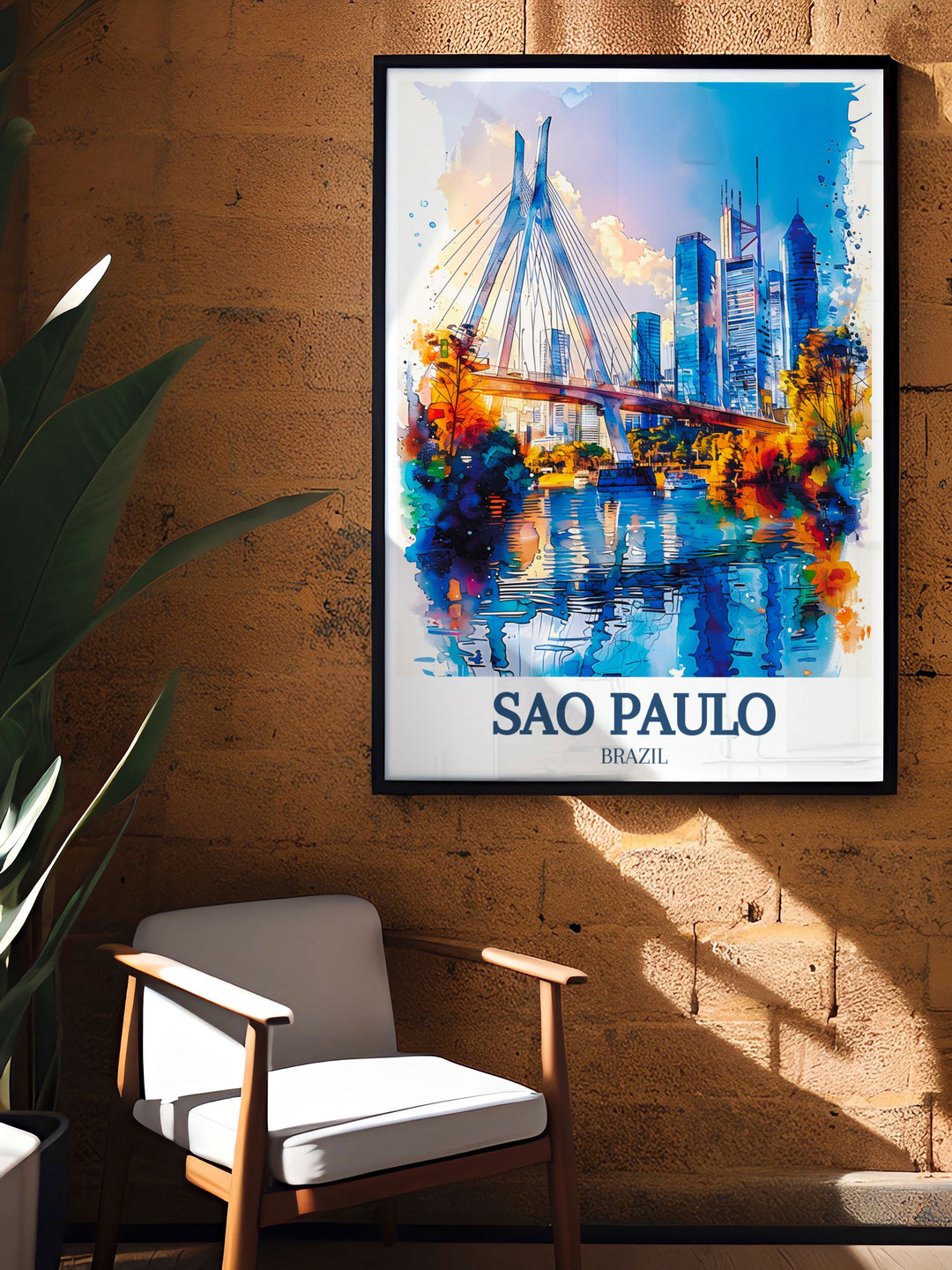 Capture the architectural beauty of São Paulos Octávio Frias de Oliveira Bridge with this stunning travel poster. The bridges modern design and its connection to the Marginal Pinheiros expressway make it an iconic feature of Brazils cityscape, offering a bold addition to your art collection.