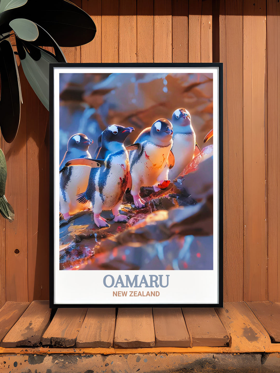 Oamaru Travel Poster featuring the iconic Blue Penguin Colony, set against the stunning coastal landscape of New Zealand. This travel poster is a must have for wildlife enthusiasts and those who admire the natural beauty of New Zealand.